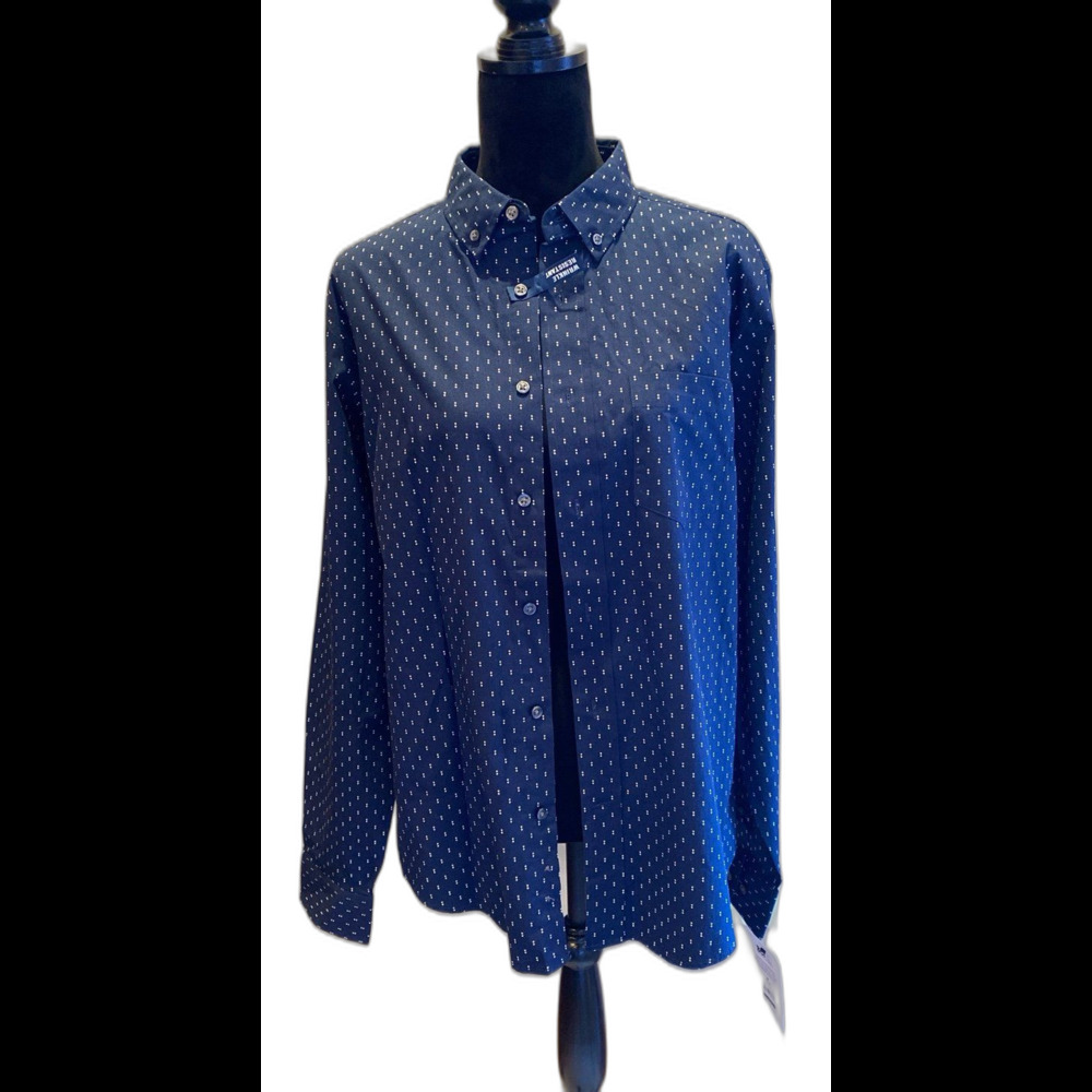 George‎ Womens Blouse Button down Sz Medium 38-40 Navy Lg  Sleeve Top 97% Cotton